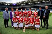 7 July 2024; The Cork girls team, back row from left, Maeve Cummins, Scoil Mhuire Gan Smál, Cashel, Tipperary, Laura Cox, Divine Mercy NS, Lucan, Dublin, Caoimhe Casey, Dungourney NS, Dungourney, Cork, Grace Godkin, Butlerstown NS, Bulterstown, Waterford, and Beth Hegarty, Scoil Mháirtín, Kilworth, Cork, front row from left, Joanne Candy, Scoil Chríost Rí, Causeway, Kerry, Lulu Ormsby, St Colmcille's Senior School NS, Knocklyon, Dublin, Emily Fraher, Kilbrien NS, Ballinamult, Waterford, Saoirse Heaney, Powerstown NS, Clonmel, Tipperary, and Emma Moylan, Rathcabbin NS, Roscrea, Tipperary, with Munster Council chairman Ger Ryan, INTO President Carmel Browne, President of Cumann na mBunscol Gary Farrell, and Uachtarán an Cumann Camógaíochta Brian Molloy, before the GAA INTO Cumann na mBunscol Respect Exhibition Go Games held before the GAA Hurling All-Ireland Senior Championship Semi-Final between Limerick and Cork at Croke Park in Dublin. Photo by Seb Daly/Sportsfile