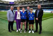 7 July 2024; Referee Callum O'Toole, Mount Sion Primary School, Waterford City, Waterford, and Referee Rosanna Moloney, Bunscoil Bhóthar na Naomh, Lismore, Waterford, with Munster Council chairman Ger Ryan, INTO President Carmel Browne, Uachtarán an Cumann Camógaíochta Brian Molloy and President of Cumann na mBunscol Gary Farrell before the GAA INTO Cumann na mBunscol Respect Exhibition Go Games held before the GAA Hurling All-Ireland Senior Championship Semi-Final between Limerick and Cork at Croke Park in Dublin. Photo by Seb Daly/Sportsfile