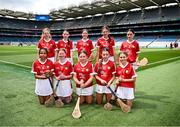 7 July 2024; The Cork girls team, back row from left, Maeve Cummins, Scoil Mhuire Gan Smál, Cashel, Tipperary, Laura Cox, Divine Mercy NS, Lucan, Dublin, Caoimhe Casey, Dungourney NS, Dungourney, Cork, Grace Godkin, Butlerstown NS, Bulterstown, Waterford, and Beth Hegarty, Scoil Mháirtín, Kilworth, Cork, front row from left, Joanne Candy, Scoil Chríost Rí, Causeway, Kerry, Lulu Ormsby, St Colmcille's Senior School NS, Knocklyon, Dublin, Emily Fraher, Kilbrien NS, Ballinamult, Waterford, Saoirse Heaney, Powerstown NS, Clonmel, Tipperary, and Emma Moylan, Rathcabbin NS, Roscrea, Tipperary, before the GAA INTO Cumann na mBunscol Respect Exhibition Go Games held before the GAA Hurling All-Ireland Senior Championship Semi-Final between Limerick and Cork at Croke Park in Dublin. Photo by Seb Daly/Sportsfile