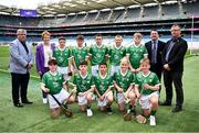 7 July 2024; The Limerick boys team, back row from left, Ruairí Burns, St Malachy's PS, Kilcoo, Down, Ewan McClure, St Patrick's Ballygalget, Portaferry, Down, Ryan Twomey, Ballybrown NS, Ballybrown, Limerick, Noah O'Kelly, Door CBS, Doon, Limerick, and Cian Delaney, Scoil Naomh Eoin Rath NS, Birr, Offaly, with, front row from left, Joseph McMullan, St Joseph's PS, Dunloy, Antrim,Fionntan Killyleagh, Our Lady Queen of Peace PS, Antrim, Andrew Tourish, Scoil Taobhóige, Clochan, Donegal, Morgan McCann, St Malachy's PS, Newry, Armagh, and Matthew Phillips, Scoil Aodh Rua and Nuala, Donegal, with Munster Council chairman Ger Ryan, INTO President Carmel Browne, President of Cumann na mBunscol Gary Farrell, and Uachtarán an Cumann Camógaíochta Brian Molloy, before the GAA INTO Cumann na mBunscol Respect Exhibition Go Games held before the GAA Hurling All-Ireland Senior Championship Semi-Final between Limerick and Cork at Croke Park in Dublin. Photo by Seb Daly/Sportsfile