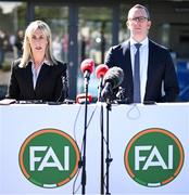 8 July 2024; FAI people & culture director Aoife Rafferty, left, and FAI interim chief executive David Courell during an FAI media briefing held at the FAI Headquarters in Abbotstown, Dublin, to address the allegations of abuse brought forward by women involved in Irish football in the 1990s. Photo by Stephen McCarthy/Sportsfile