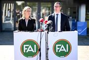 8 July 2024; FAI people & culture director Aoife Rafferty, left, and FAI interim chief executive David Courell during an FAI media briefing held at the FAI Headquarters in Abbotstown, Dublin, to address the allegations of abuse brought forward by women involved in Irish football in the 1990s. Photo by Stephen McCarthy/Sportsfile