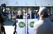 8 July 2024; FAI people & culture director Aoife Rafferty, left, and FAI interim chief executive David Courell during an FAI media briefing held at the FAI Headquarters in Abbotstown, Dublin, to address the allegations of abuse brought forward by women involved in Irish football in the 1990s. Photo by Stephen McCarthy/Sportsfile