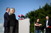 8 July 2024; FAI people & culture director Aoife Rafferty and FAI interim chief executive David Courell, left, during an FAI media briefing held at the FAI Headquarters in Abbotstown, Dublin, to address the allegations of abuse brought forward by women involved in Irish football in the 1990s. Photo by Stephen McCarthy/Sportsfile