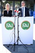 8 July 2024; FAI people & culture director Aoife Rafferty, left, and FAI interim chief executive David Courell during an FAI media briefing held at the FAI Headquarters in Abbotstown, Dublin, to address the allegations of abuse brought forward by women involved in Irish football in the 1990s. Photo by Stephen McCarthy/Sportsfile