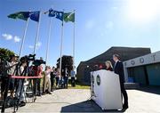 8 July 2024; FAI interim chief executive David Courell and FAI people & culture director Aoife Rafferty during an FAI media briefing held at the FAI Headquarters in Abbotstown, Dublin, to address the allegations of abuse brought forward by women involved in Irish football in the 1990s. Photo by Stephen McCarthy/Sportsfile