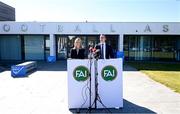 8 July 2024; FAI interim chief executive David Courell and FAI people & culture director Aoife Rafferty during an FAI media briefing held at the FAI Headquarters in Abbotstown, Dublin, to address the allegations of abuse brought forward by women involved in Irish football in the 1990s. Photo by Stephen McCarthy/Sportsfile