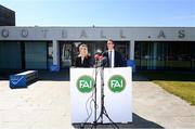 8 July 2024; FAI interim chief executive David Courell and FAI people & culture director Aoife Rafferty during an FAI media briefing held at the FAI Headquarters in Abbotstown, Dublin, to address the allegations of abuse brought forward by women involved in Irish football in the 1990s. Photo by Stephen McCarthy/Sportsfile