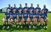 8 July 2024; The Ireland Men's Rugby Sevens Squad, back row, from left, Jordan Conroy, Jack Kelly, Bryan Mollen, Chay Mullins, Zac Ward, Terry Kennedy and Mark Roche, with, front row, from left, Gavin Mullin, Andrew Smith, Hugo Lennox, Harry McNulty, Hugo Keenan, Niall Comerford and Sean Cribbin during the Team Ireland Paris 2024 team training for Rugby Sevens ahead of the Paris 2024 Olympic Games at the IRFU Outdoor Pitch on the Sport Ireland Campus in Dublin. Photo by Ramsey Cardy/Sportsfile