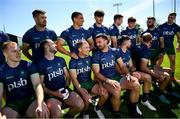 8 July 2024; The Ireland Men's Rugby Sevens Squad, back row, from left, Bryan Mollen, Jordan Conroy, Chay Mullins, Zac Ward, Sean Cribbin, Mark Roche, Terry Kennedy, with, front row, from left, Gavin Mullin, Andrew Smith, Hugo Lennox, Hary McNulty, Hugo Keenan, Niall Comerford during the Team Ireland Paris 2024 team training for Rugby Sevens ahead of the Paris 2024 Olympic Games at the IRFU Outdoor Pitch on the Sport Ireland Campus in Dublin. Photo by Ramsey Cardy/Sportsfile