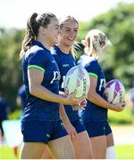 8 July 2024; Béibhinn Parsons, left, and Stacey Flood during the Team Ireland Paris 2024 team training for Rugby Sevens ahead of the Paris 2024 Olympic Games at the IRFU Outdoor Pitch on the Sport Ireland Campus in Dublin. Photo by Ramsey Cardy/Sportsfile
