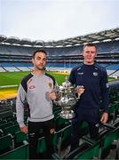 9 July 2024; Down manager Conor Laverty, left, and Laois manager Justin McNulty during a Tailteann Cup media day at Croke Park in Dublin. Photo by Harry Murphy/Sportsfile