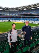 9 July 2024; Down manager Conor Laverty, left, and Laois manager Justin McNulty during a Tailteann Cup media day at Croke Park in Dublin. Photo by Harry Murphy/Sportsfile