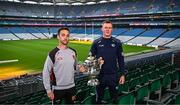 9 July 2024; Down manager Conor Laverty, left, and Laois manager Justin McNulty during a Tailteann Cup media day at Croke Park in Dublin. Photo by Harry Murphy/Sportsfile