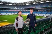 9 July 2024; Down manager Conor Laverty, left, and Laois manager Justin McNulty during a Tailteann Cup media day at Croke Park in Dublin. Photo by Harry Murphy/Sportsfile