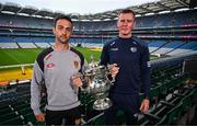 9 July 2024; Down manager Conor Laverty, left, and Laois manager Justin McNulty during a Tailteann Cup media day at Croke Park in Dublin. Photo by Harry Murphy/Sportsfile