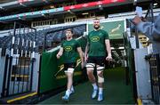 9 July 2024; Evan Roos, left, and RG Snyman arrive for a South Africa rugby squad training session at Kings Park in Durban, South Africa. Photo by Brendan Moran/Sportsfile