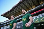 9 July 2024; Evan Roos, left, and RG Snyman arrive for a South Africa rugby squad training session at Kings Park in Durban, South Africa. Photo by Brendan Moran/Sportsfile