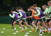 9 July 2024; Abbie Larkin and Marissa Sheva, left, during a Republic of Ireland women's training session at the FAI National Training Centre in Abbotstown, Dublin. Photo by Stephen McCarthy/Sportsfile