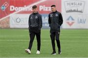 9 July 2024; Cian Barrett, left, and Gary O'Neill of Shamrock Rovers before the UEFA Champions League First Qualifying Round First Leg match between Vikingur Reykjavik and Shamrock Rovers at Víkingsvöllur in Reykjavik, Iceland. Photo by Haflidi Breidfjord/Sportsfile