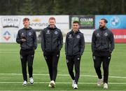 9 July 2024; Shamrock Rovers players, from left, Conan Noonan, Darragh Nugent, Darragh Burns and Lee Steacy before the UEFA Champions League First Qualifying Round First Leg match between Vikingur Reykjavik and Shamrock Rovers at Víkingsvöllur in Reykjavik, Iceland. Photo by Haflidi Breidfjord/Sportsfile