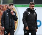 9 July 2024; Shamrock Rovers manager Stephen Bradley, left, and sporting director Stephen McPhail as they leave the field at half time the UEFA Champions League First Qualifying Round First Leg match between Vikingur Reykjavik and Shamrock Rovers at Víkingsvöllur in Reykjavik, Iceland. Photo by Haflidi Breidfjord/Sportsfile