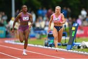 9 July 2024; Molly Scott of Ireland, right, competing in the Centra 100m women's race 2 final during the Cork City Sports at MTU Athletics Track in Cork. Photo by Tyler Miller/Sportsfile