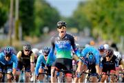 9 July 2024; Wiliam Gilbank of Lee Valley Youth CC team after winning stage one of the 2024 Junior Tour of Ireland at the Maghera stage in Clare. Photo by Stephen McMahon/Sportsfile