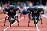 9 July 2024; Ben Rowlings of Great Britain, right, crosses the finish line to win ahead of Issac Towers of Great Britain, in the Ian Jagoe Memorial 800m T54 men's wheelchair final during the Cork City Sports at MTU Athletics Track in Cork. Photo by Tyler Miller/Sportsfile