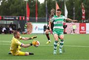 9 July 2024; Johnny Kenny of Shamrock Rovers has a shot saved by Vikingur Reykjavik goalkeeper Ingvar Jonsson during the UEFA Champions League First Qualifying Round First Leg match between Vikingur Reykjavik and Shamrock Rovers at Víkingsvöllur in Reykjavik, Iceland. Photo by Haflidi Breidfjord/Sportsfile