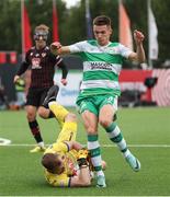 9 July 2024; Johnny Kenny of Shamrock Rovers has a shot saved by Vikingur Reykjavik goalkeeper Ingvar Jonsson during the UEFA Champions League First Qualifying Round First Leg match between Vikingur Reykjavik and Shamrock Rovers at Víkingsvöllur in Reykjavik, Iceland. Photo by Haflidi Breidfjord/Sportsfile