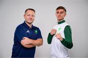 9 July 2024; Jack Woolley and High Performance Director Robert Taaffe during the Team Ireland Paris 2024 team announcement for Taekwondo at The Crowne Plaza Hotel in Blanchardstown, Dublin. Photo by David Fitzgerald/Sportsfile