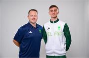 9 July 2024; Jack Woolley and High Performance Director Robert Taaffe during the Team Ireland Paris 2024 team announcement for Taekwondo at The Crowne Plaza Hotel in Blanchardstown, Dublin. Photo by David Fitzgerald/Sportsfile