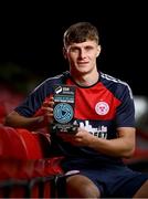 10 July 2024; Shelbourne FC's Will Jarvis with his SSE Airtricity / SWI Player of the Month award for June 2024 at Tolka Park in Dublin. Photo by Seb Daly/Sportsfile