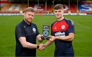 10 July 2024; Shelbourne FC's Will Jarvis, right, is presented with his SSE Airtricity / SWI Player of the Month award for June 2024 by manager Damien Duff at Tolka Park in Dublin. Photo by Seb Daly/Sportsfile