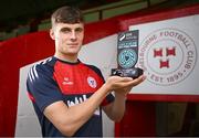 10 July 2024; Shelbourne FC's Will Jarvis with his SSE Airtricity / SWI Player of the Month award for June 2024 at Tolka Park in Dublin. Photo by Seb Daly/Sportsfile