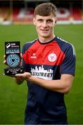 10 July 2024; Shelbourne FC's Will Jarvis with his SSE Airtricity / SWI Player of the Month award for June 2024 at Tolka Park in Dublin. Photo by Seb Daly/Sportsfile