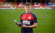 10 July 2024; Shelbourne FC's Will Jarvis with his SSE Airtricity / SWI Player of the Month award for June 2024 at Tolka Park in Dublin. Photo by Seb Daly/Sportsfile