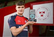 10 July 2024; Shelbourne FC's Will Jarvis with his SSE Airtricity / SWI Player of the Month award for June 2024 at Tolka Park in Dublin. Photo by Seb Daly/Sportsfile