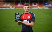 10 July 2024; Shelbourne FC's Will Jarvis with his SSE Airtricity / SWI Player of the Month award for June 2024 at Tolka Park in Dublin. Photo by Seb Daly/Sportsfile