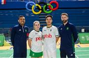 10 July 2024; Rachael Darragh and Nhat Nguyen with coach Iskandar Zulkarnain, left, and high Performance Director Dan Magee during the Team Ireland Paris 2024 team training for Badminton at the National Indoor Arena on the Sport Ireland Campus in Dublin. Photo by David Fitzgerald/Sportsfile