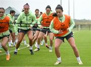 10 July 2024; Megan Campbell, centre, during a Republic of Ireland women's training session at the FAI National Training Centre in Abbotstown, Dublin. Photo by David Fitzgerald/Sportsfile