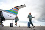 10 July 2024; Republic of Ireland's Julie-Ann Russell, right, and Denise O'Sullivan on the team's arrival at Norwich Airport ahead of their 2025 UEFA Women's European Championship Qualifier match against England in Norwich. Photo by Stephen McCarthy/Sportsfile