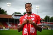 10 July 2024; Shelbourne FC new signing Rayhaan Tulloch stands for a portrait at Tolka Park in Dublin. Photo by Seb Daly/Sportsfile