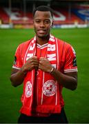 10 July 2024; Shelbourne FC new signing Rayhaan Tulloch stands for a portrait at Tolka Park in Dublin. Photo by Seb Daly/Sportsfile