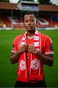 10 July 2024; Shelbourne FC new signing Rayhaan Tulloch stands for a portrait at Tolka Park in Dublin. Photo by Seb Daly/Sportsfile
