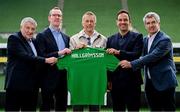 11 July 2024; Newly appointed Republic of Ireland head coach Heimir Hallgrímsson, centre, with, from left, FAI president Paul Cooke, FAI interim chief executive David Courell, FAI director of football Marc Canham, and FAI Independent chair of the board Tony Keohane before a media conference at the Aviva Stadium in Dublin. Photo by Seb Daly/Sportsfile