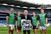 11 July 2024; Event sponsor Martin Donnelly with contestants, from left, Fionán Mackessy of Kerry, Anna Kearney of Cork, Ona Kennedy of Kilkenny and Cillian Kiely of Offaly pictured during the Poc Fada launch at Croke Park in Dublin. Photo by David Fitzgerald/Sportsfile