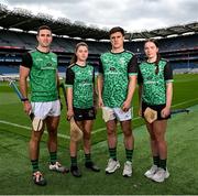 11 July 2024; Contestants, from left, Fionán Mackessy of Kerry, Anna Kearney of Cork, Cillian Kiely of Offaly and Ona Kennedy of Kilkenny pictured during the Poc Fada launch at Croke Park in Dublin. Photo by David Fitzgerald/Sportsfile