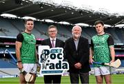 11 July 2024; Ard Stiúrthóir of the GAA Tom Ryan and Event sponsor Martin Donnelly with Fionán Mackessy of Kerry, left, and Cillian Kiely of Offaly pictured during the Poc Fada launch at Croke Park in Dublin. Photo by David Fitzgerald/Sportsfile